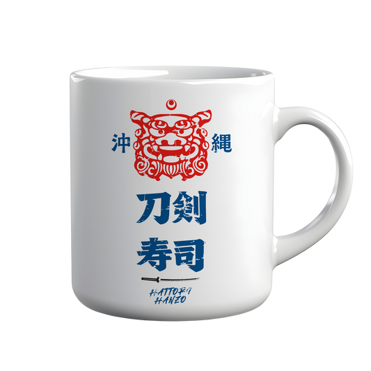 [kintu:1dfuu-8FCQfFCIHebe2VwUh1PCx-7c7VT:b1a30aa79c13d1624f4137c72b46c39e] Tazza bianca Okinawa Hattori Hanzo con grafica rossa e blu