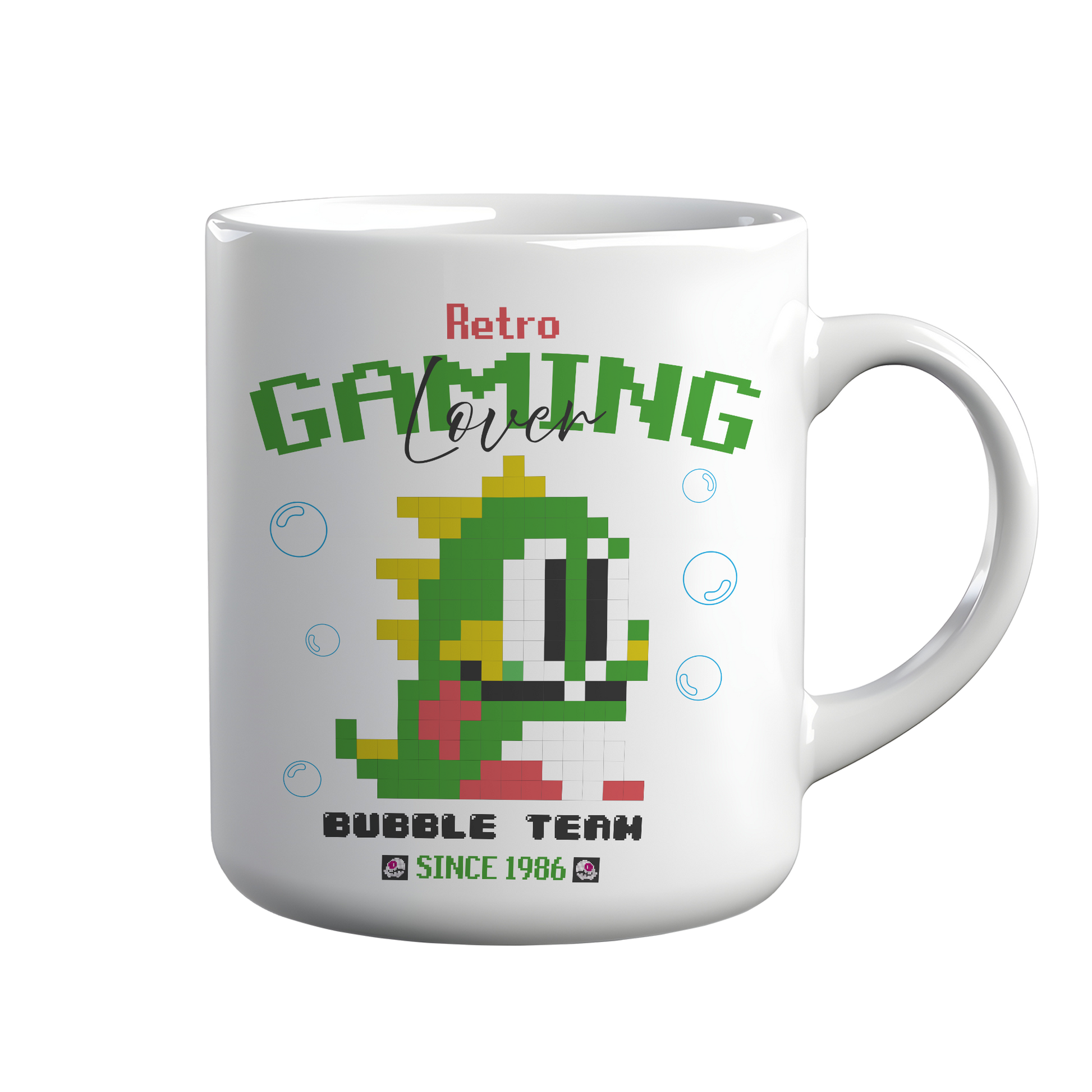 [kintu:16p06ePYmot5aSVQyfHcZfAAGG5GiCrNY:35ddc33de24291df0d2cba7b06b37f03] Tazza bianca Retro Gaming Lover con draghetto verde in pixel art