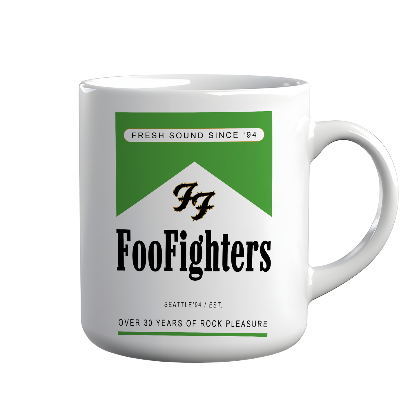 [kintu:1kiTI4HE9HZiK5WB694BkuTYwR-2hLUf8:9b53eeac7d31a156f1badda450625469] Tazza bianca con grafica Foo Fighters, dettagli verdi e scritte rock