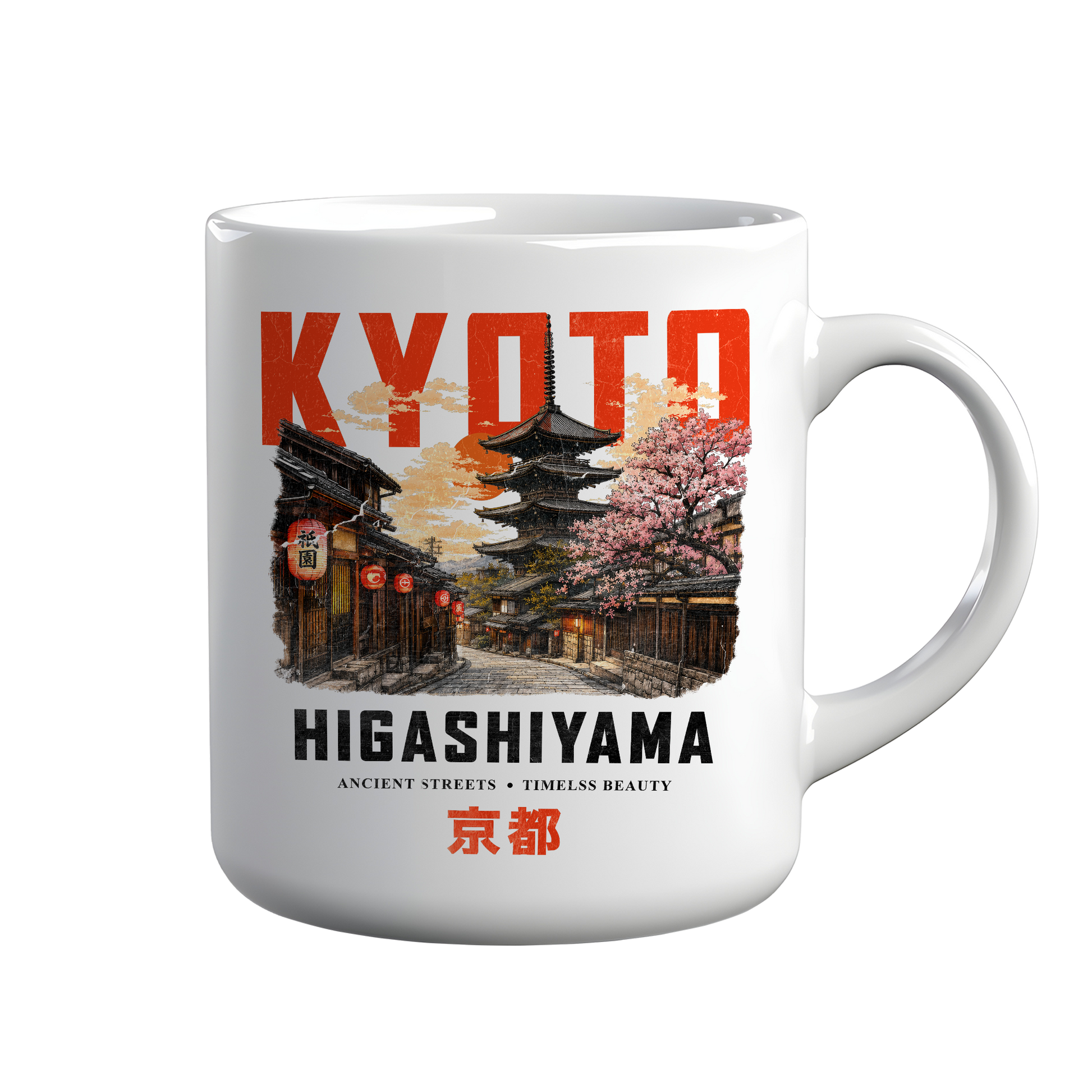 [kintu:1cJHQj31kFCD059N3os5vIv2VWTdaQqaH:57e465736ace9b5e9621643eb3bc29a5] Tazza bianca Kyoto con illustrazione di una strada tradizionale, pagoda e ciliegi in fiore