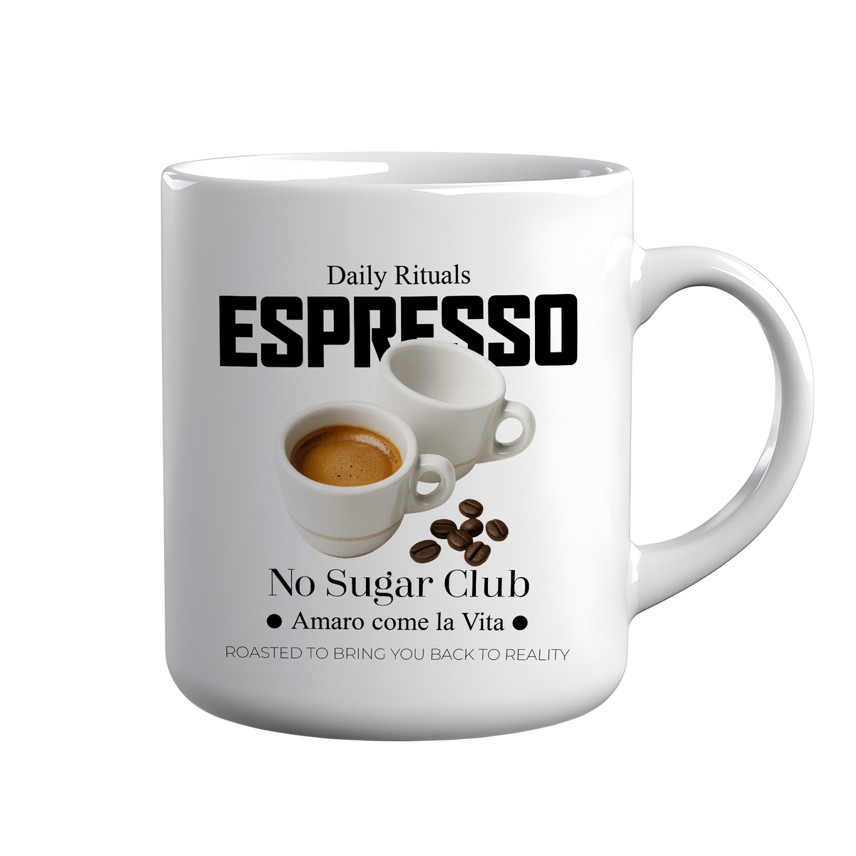 [kintu:1Il6S6Bm6njkYtsKORQgMlw4nd4FK9s9h:cd12a2644c1cf11bf6813474ae6acd3b] Tazza bianca CAFFE AMARO COME LA VITA con grafica espresso, tazzine e chicchi di caffè