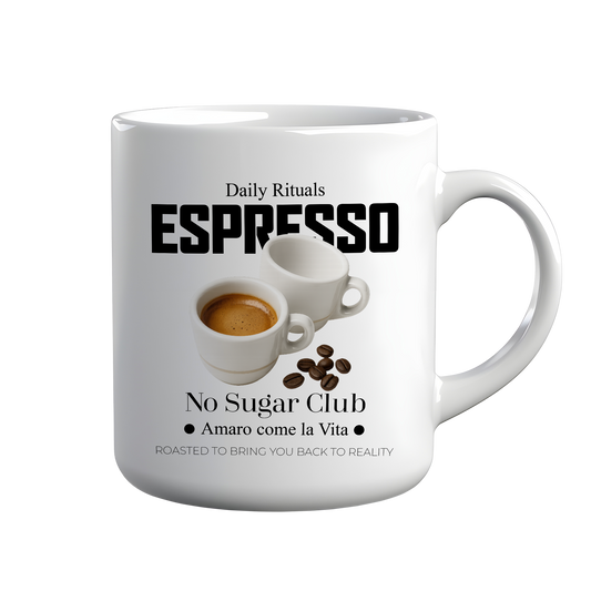 [kintu:1Il6S6Bm6njkYtsKORQgMlw4nd4FK9s9h:cd12a2644c1cf11bf6813474ae6acd3b] Tazza bianca CAFFE AMARO COME LA VITA con grafica espresso, tazzine e chicchi di caffè