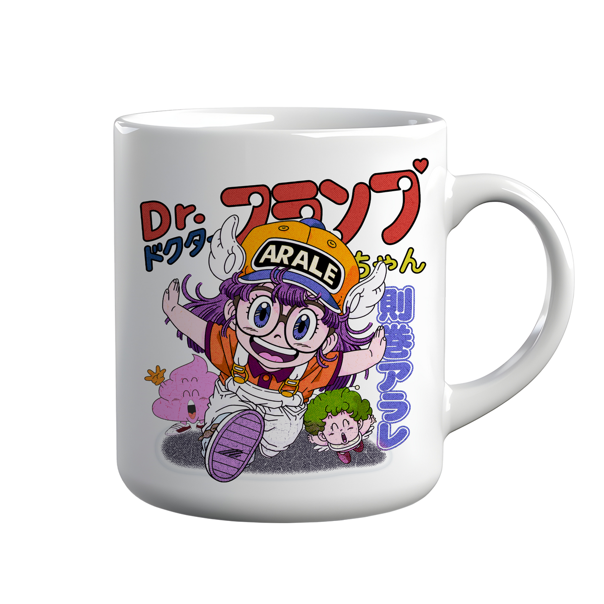[kintu:1x467bbkOcp3EYN4n30qe8aNHn5KW7Sa-:cad479fa8cd93b0eddd3ad377693e1dc] Tazza bianca con grafica colorata di ARALE in stile manga giapponese