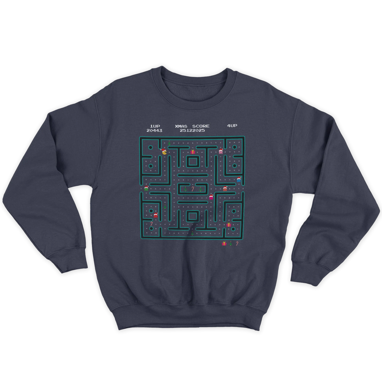 Kintu Felpa Girocollo Unisex Xmas Maze - Natale - Pacman - Divertente  - Retro Game
